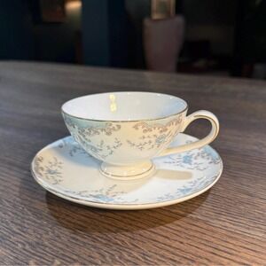 Vintage Imperial China Teacup & Saucer: 1960s Seville Blue Floral Gold Trim